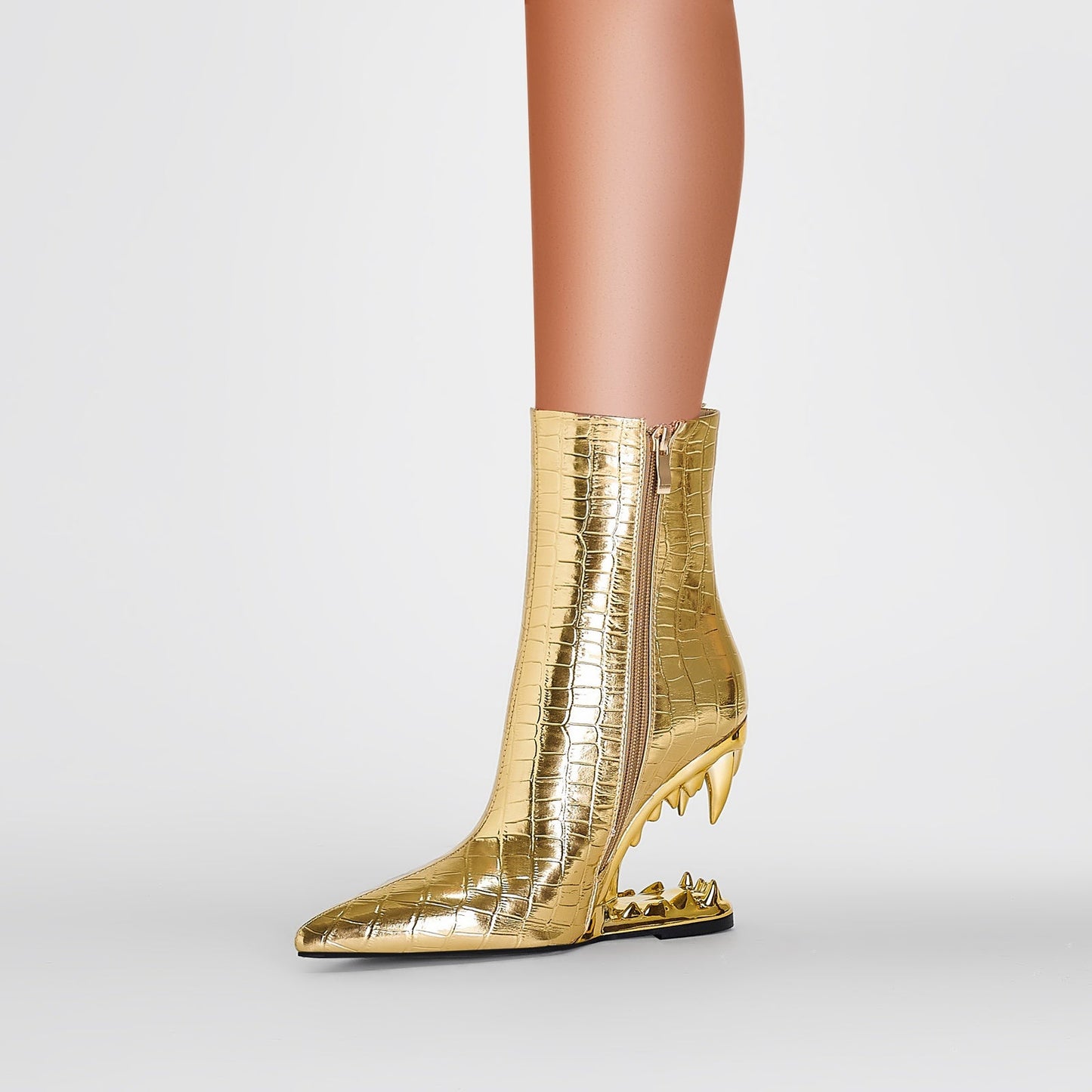 Shiny Gold Bite Heel Ankle Boots-2