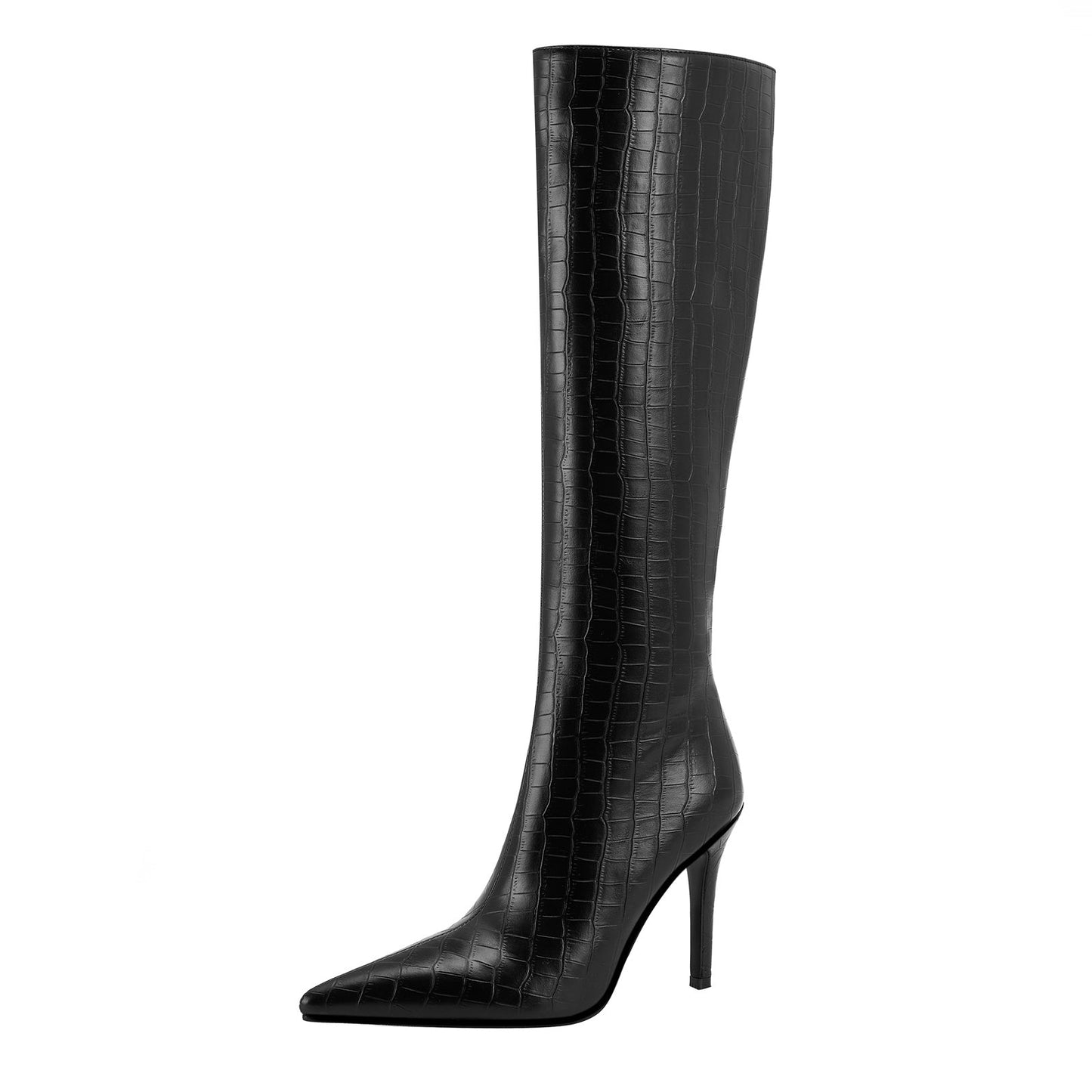 Sleek Black Leather Pointed Knee High Boots-2