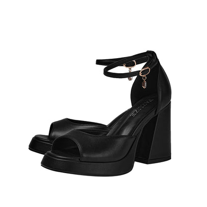 Black Chunky Block High Heel Ankle Strap Sandals-4