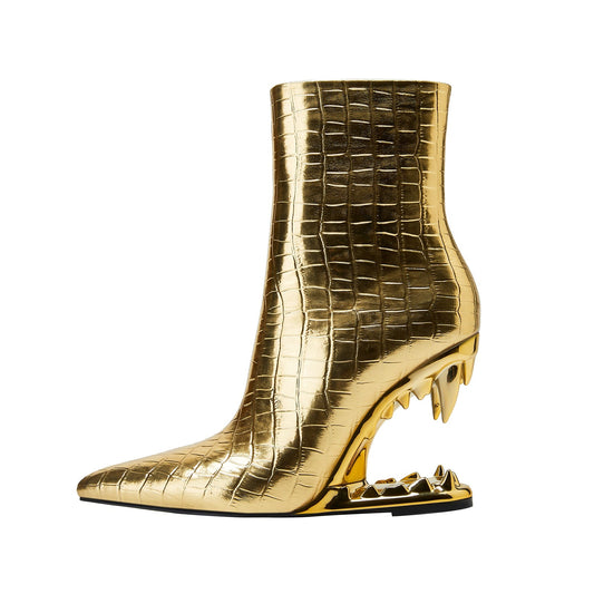 Shiny Gold Bite Heel Ankle Boots-0
