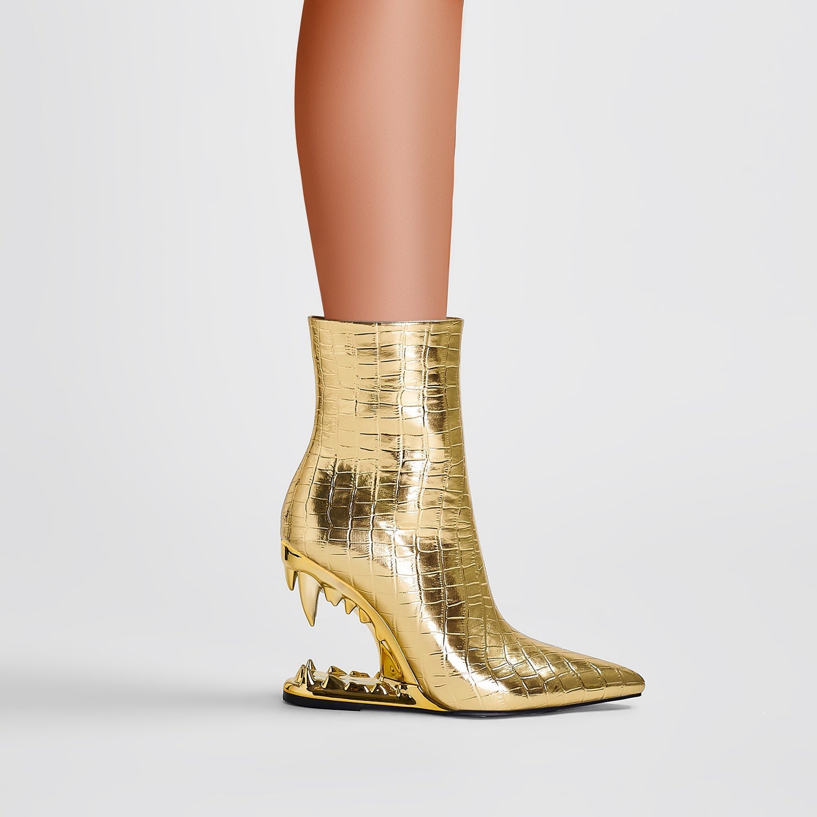 Shiny Gold Bite Heel Ankle Boots-1
