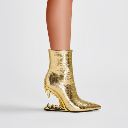 Shiny Gold Bite Heel Ankle Boots-1