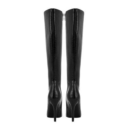 Sleek Black Leather Pointed Knee High Boots-4