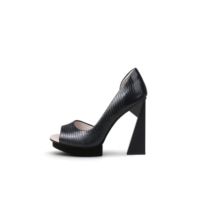 Textured Open Toe Trape Heel Pumps-0
