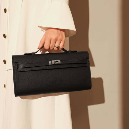 Top-Handle Leather Clutch Bag with Silver Hardware-0